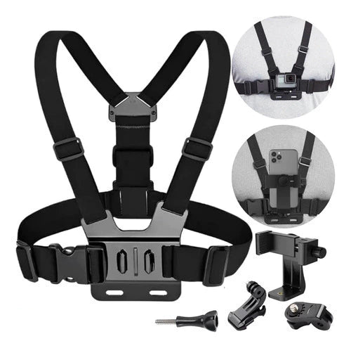 Cinta de peito universal ajustável para câmeras de ação GoPro, DJI, Insta360 e smartphones com suporte, ideal para gravações em primeira pessoa durante esportes e aventuras.