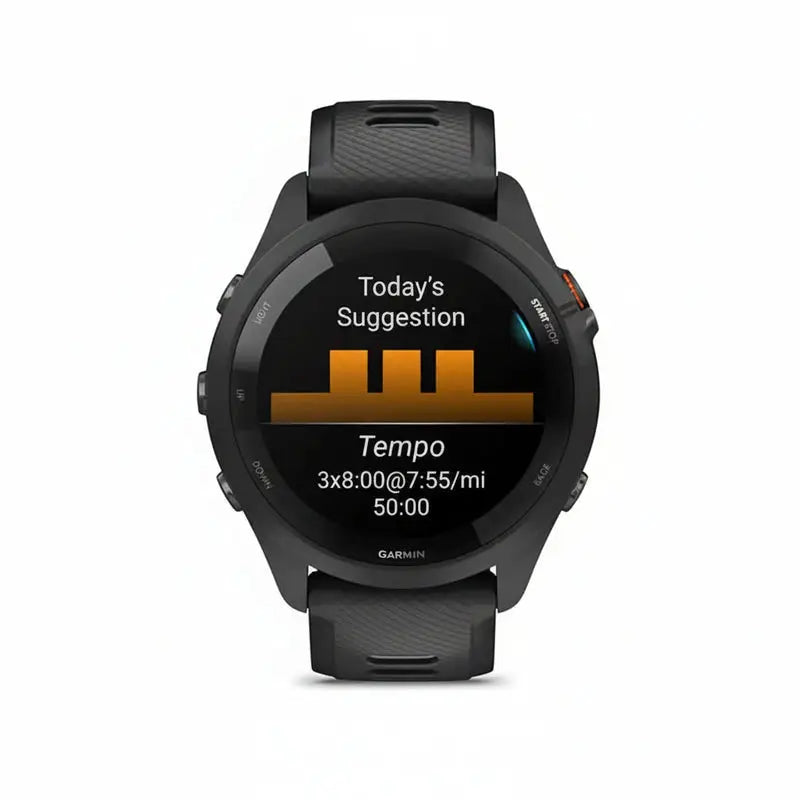 Relógio Garmin Forerunner 265 AMOLED com GPS Multibanda, monitoramento cardíaco e métricas avançadas para corrida, ciclismo e triathlon.