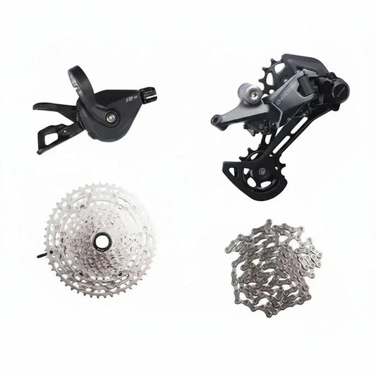 Kit Shimano Deore M6100 12 velocidades completo com câmbio traseiro RD-M6100, trocador SL-M6100, cassete 10-51T e corrente para mountain bike MTB.